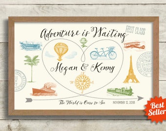 Travel Gift for Wedding Personalized Wedding Gift Travel Map Art Print Tandem Bicycle Adventure Awaits Destination Wedding See the World