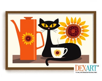 Mid Century Modern Cat and Kitchen Art Print, Sunflower Decor Wall Art, Black Cat, Coffee Lover Gift, Retro Coffee Pot, Atomic DexMex