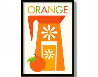 Kitchen Art Print, Mid Century Modern Wall Art, Orange Juice Pitcher Art Print,  Contemporary Colorful Design