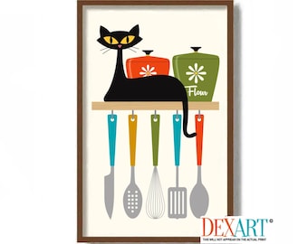 Cat Lover Kitchen Art Print, Mid Century Modern Wall Art, Black Cat Art, Kitchen Decor, Gift for Chef, Loves to Cook, Foodie Gift