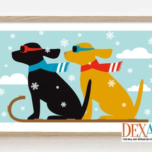 Skiing Dog Wall Art Print, Winter Decor, Sled Dog, Mid Century Modern Wall Art, Black Dog Lover Gift, Labrador, Dog Mom, Golden Retriever