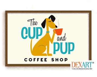 Puede incluir: Un perro de dibujos animados amarillo con orejas negras está sentado y sosteniendo una taza de café roja. El texto "The Cup and Pup Coffee Shop" está escrito en letras azules y negras.