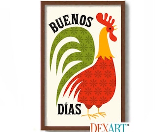 Rooster Kitchen Decor, Mexican Folk Art, Mid Century Modern Kitchen Art Print, Rise and Shine Chef Wall Decor Retro Kitchen Loves to Cook