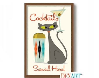 Atomic Cat Art Print, Mid Century Modern Atomic Cat Cocktail Bar Wall Art, Martini Glass, Bartender Gift, Tabby Cat Lover, Cocktail Shaker