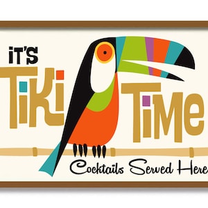 Tiki Bar Sign, Mid Century Modern Art Print, Toucan Print, Tropical Florida Decor, Rainforest Print, Jungle Bamboo Decor, Tropical Cocktail