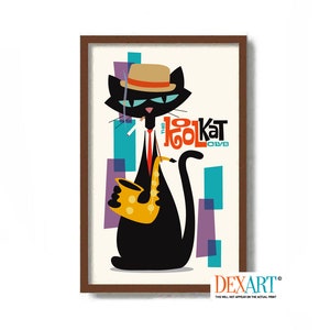 May include: A retro-style illustration of a black cat wearing a hat and playing a saxophone. The cat is in front of a colourful geometric background with the text "The Kool Kat Club".