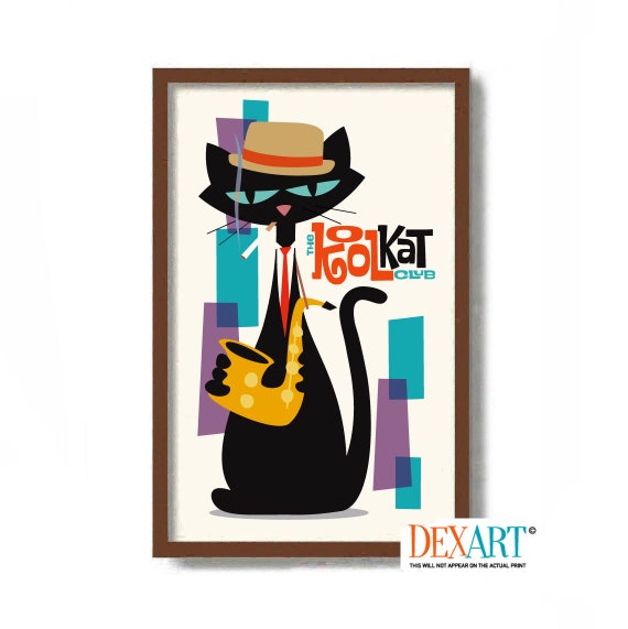 Jazz Poster Cat Lover Art Print, New Orleans, Black Cat Wall Art, Cat Art Mid Century Modern, Cool Cat Poster Cat Decor Retro Design Hipster