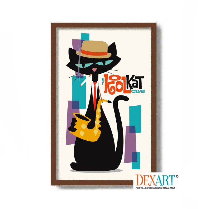 May include: A retro-style illustration of a black cat wearing a hat and playing a saxophone. The cat is in front of a colourful geometric background with the text "The Kool Kat Club".