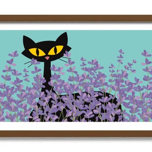 Black Cat Lover Gift Art Print, Fresh Lavender Art Decor, Mid Century Modern Art, Minimalist Wall Art, Atomic Cat, Floral Print