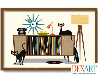 Mid Century Modern Black Cat Art Print, Black Cat Lover Gift, Atomic Cat, Palm Springs, Retro Sideboard, Vinyl Record Storage, Record Player