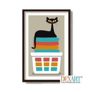 Laundry Room Decor, Laundry Sign, Black Cat Art Print, Clothes Basket, Cat Lover Gift Idea, Mid Century Modern Design, Bathroom Towels