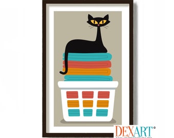 Laundry Room Decor, Laundry Sign, Black Cat Art Print, Clothes Basket, Cat Lover Gift Idea, Mid Century Modern Design, Bathroom Towels