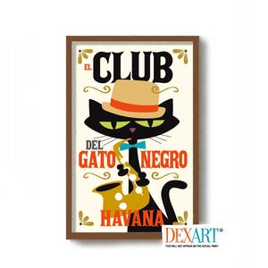 Impresión de La Habana, Cuba, Arte mural de mediados de siglo, Impresión de gato negro, Póster de jazz, Música latina, Idea de regalo para gatos, Regalo para amantes de los gatos, Bailarina de rumba de arte cubano
