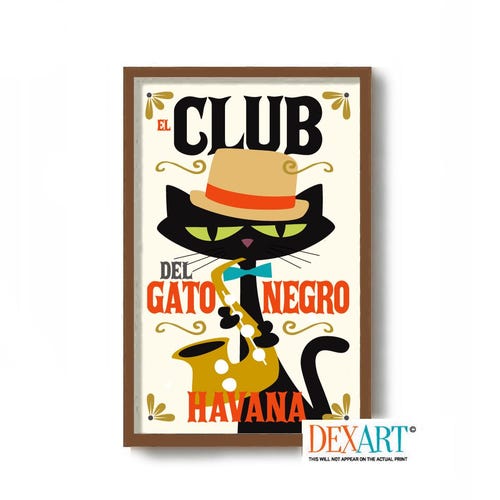 Impression de La Havane Cuba, oeuvre d'art murale Mid-Century, impression de chat noir, affiche de jazz, musique latine, idée cadeau chat, cadeau pour amoureux des chats, danseuse de rumba art cubain