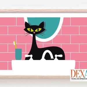 Décoration de salle de bain chat, impression d'art chat noir, art mural moderne du milieu du siècle, déco de salle de lavage, enseigne de lessive, cadeau pour amoureux des chats, évier de ferme