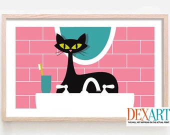 Cat Bathroom Decor, Black Cat Art Print, Mid Century Modern Wall Art, Laundry Room Decor, Laundry Sign, Cat Lover Gift, Farmhouse Sink