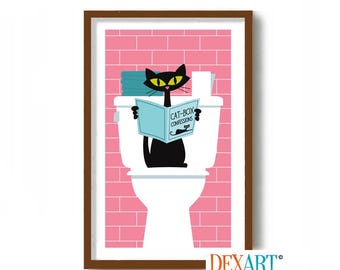 Lámina artística de gato divertida para baño, decoración de pared, gato negro, decoración de lavadero, arte de pared moderno de mediados de siglo, regalo para amantes de los gatos, fregadero de granja