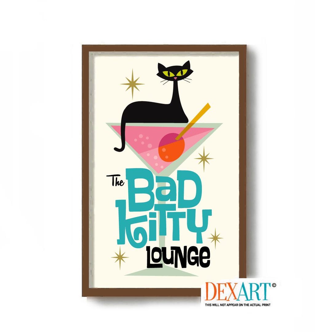 Mid Century Modern Atomic Cocktail Bar Wall Art, Black Cat Art Print ...
