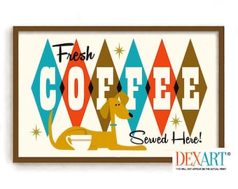 Mid Century Modern Dog and Coffee Kitchen Art Print, Wall Art, Yellow Dog Lover Gift, Coffee Lover, Atomic Cafe Diner Sign Retro Coffee Cup