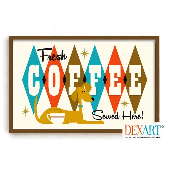 Mid Century Modern Dog and Coffee Kitchen Art Print, Wall Art
