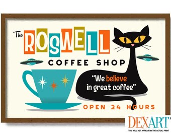 Roswell New Mexico UFO, Atomic Black Cat, Flying Saucer, Mid Century Modern Kitchen Wall Art Print, Retro Kitchen Decor, Coffee Art