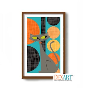 Mid Century Modern Atomic Cat Art Print, Gray Tabby Cat Wall Art, Cat Lover Gift, Modernist Wall Decor, Abstract Pattern, Danish Modern