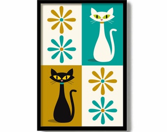 Mid Century Modern Art, 11x17 Print, Black Cat Art Print, White Cat Wall Art, Modern Cat Lover Gift Idea, Contemporary Decor, DexMex