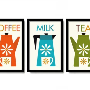 Mid Century Modern Wall Art Set of Three Prints, Kitchen Art Print Bundle, Art Print Set 3, Contemporary Design, Milk Print, Coffee Pot