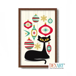 Mid Century Modern Cat Christmas Ornament Art Print, Secret Santa Gift for Women, Christmas Decor, Cat Lover Gift, Black Cat Print