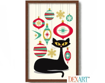 Mid Century Modern Cat Christmas Ornament Art Print, Secret Santa Gift for Women, Christmas Decor, Cat Lover Gift, Black Cat Print