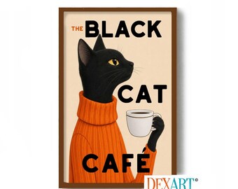 Black Cat and Coffee Wall Art Print, Cat Kitchen Art Print, Cat Drinking Coffee, Cat Art Decor, Coffee Lover Gift, DexMex French Cafe Sign