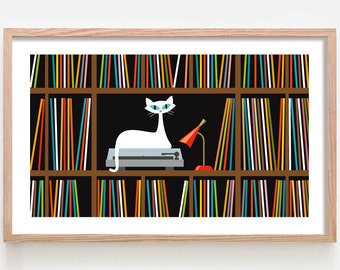 Mid Century Modern Wall Art Print, Record Collector, White Cat Art Print, Vinyl Record Storage, Turntable Stand Record Player Cat Lover Gift