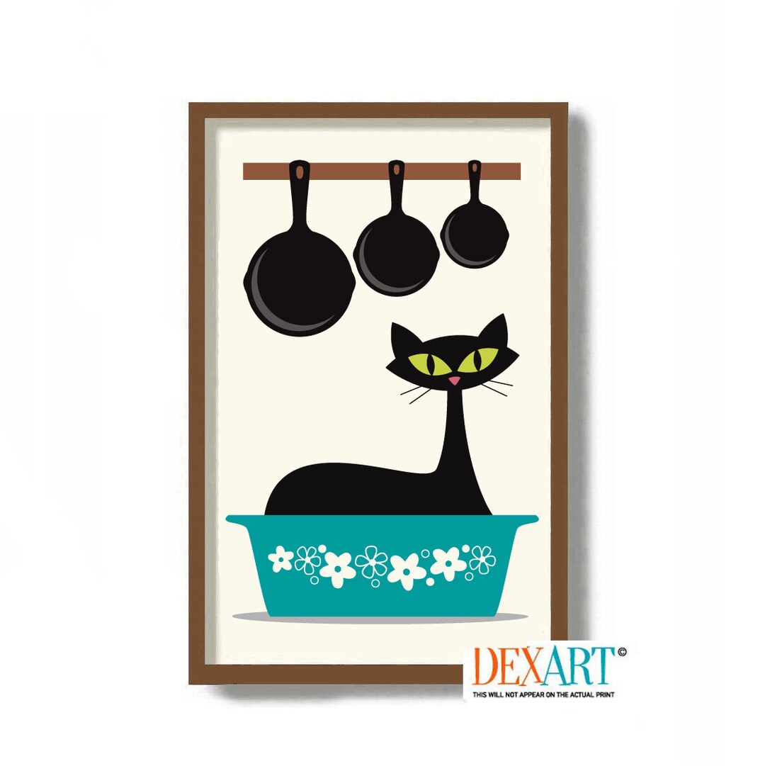 Mid Century Modern Kitchen Wall Art, Black Cat Print, Colorful Glass