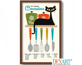 Black Cat and Kitchen Conversion Chart Mid Century Modern Art Print, Measurement Conversion Chart, Measuring Cup Help Guide, Pantry Sign