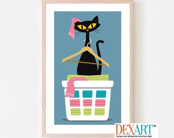 Lámina de gato, decoración de lavadero, arte mural moderno de mediados de siglo, letrero de lavandería, idea de regalo de gato negro, regalo para amantes de los gatos, cesta de lavandería