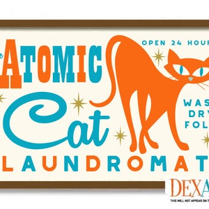 Impresión artística moderna de mediados de siglo de Atomic Cat, decoración de lavandería, arte mural de gatos, arte mural retro de gato azul, mamá gata, letrero de lavandería para lavadora