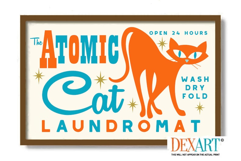 Atomic Cat Mid Century Modern Art Print, Laundry Room Decor Cat Wall ...