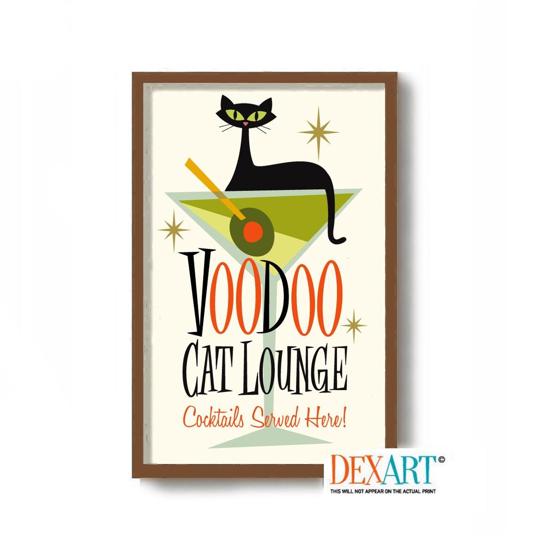 Voodoo Black Cat Art Print, Mid Century Modern Atomic Cocktail Bar Wall ...