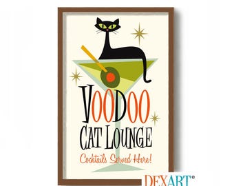 May include: A retro-style illustration of a black cat sitting on a martini glass with an olive. The text "VOODOO CAT LOUNGE" and "Cocktails Served Here!" are below the image.