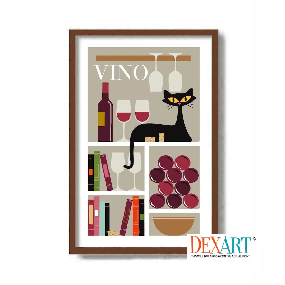 Black Cat Art Print Wine Lover Gift, Wall Decor for Wine Bar, Cat Lover ...