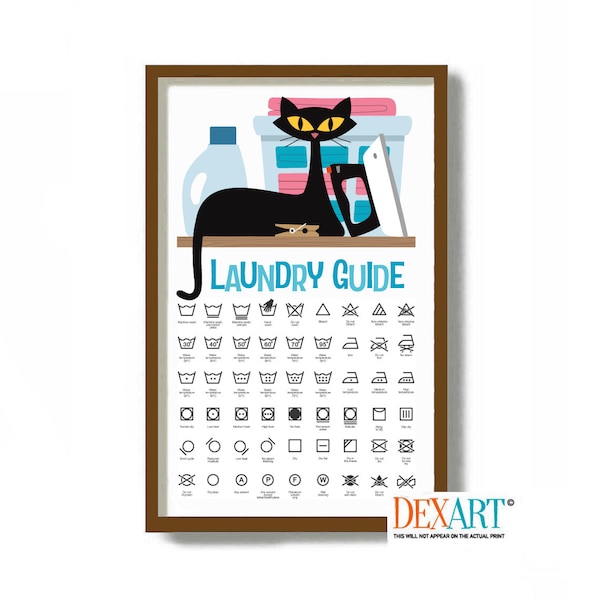 Laundry Room Decor Modern, Laundry Guide Care Symbols, Atomic Cat Mid Century Modern Art Print, Cat Wall Art Sign, Cat Mom, Washing Machine