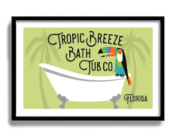 Florida Bathroom Wall Decor, Laundry Room Decor, Toucan Print, Tropical Wall Art, Claw Foot Bathtub, Art Print, Palm Trees, Powder Room Sign