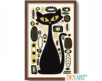 Impresión de arte de gato negro moderno de mediados de siglo, arte de pared de gato atómico, regalo de amante de los gatos, decoración de pared modernista, moderno danés