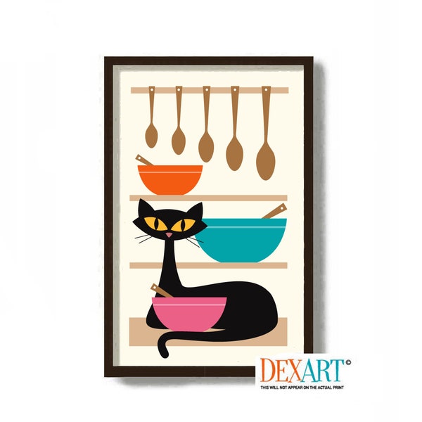 Mid Century Modern Kitchen Wall Art, Black Cat Print, Colorful Mixing Bowls, Cat Lover Gift Idea, Kitchen Art Print