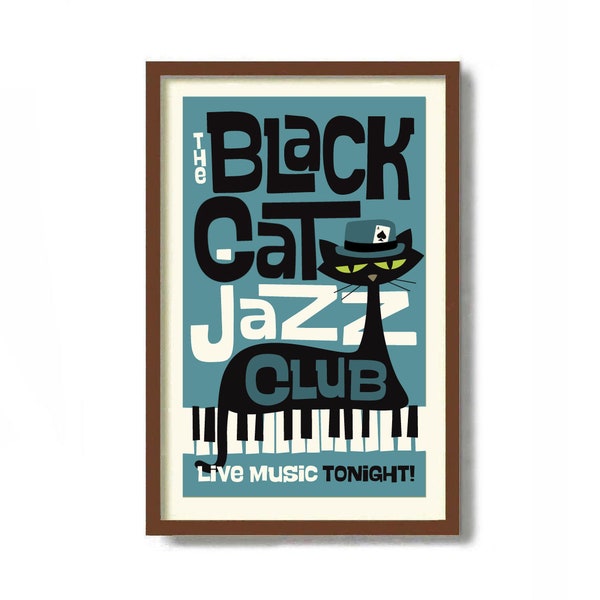 Jazz Poster, Mid Century Modern Art, Black Cat Art Print, New Orleans, Cat Poster, Cat Lover Gift, Vinyl LP, Music Lover Gift, Night Club