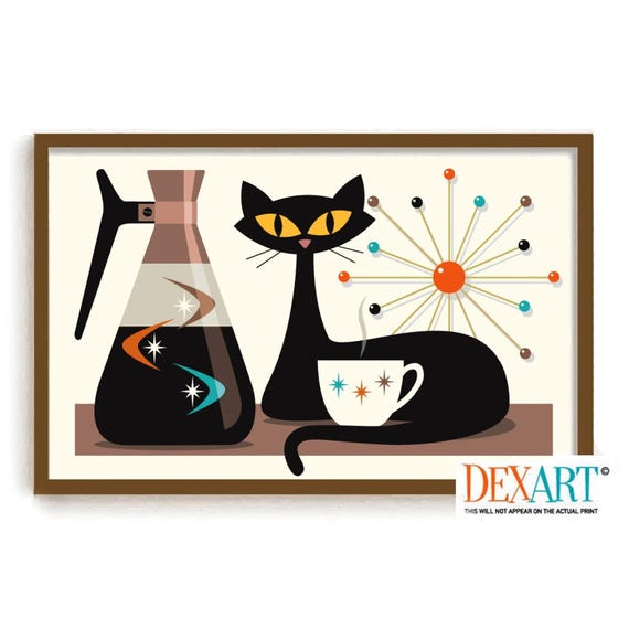 Mid Century Modern Cat Art Print, Vintage Cat Poster, Retro