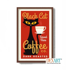 Coffee Cat Art Print, Mid Century Modern Art, Kitchen Wall Decor, Black Cat Lover Gift, Coffee Lover Gift, Retro Coffee Cup, Atomic Cat