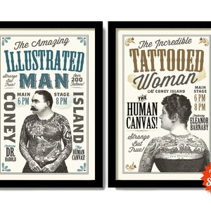 Tattoo Shop Decor, Tattoo Design Poster Oddities and Curiosities Tattoo Artist Gift Carnival Art Print Temporary Tattoo
