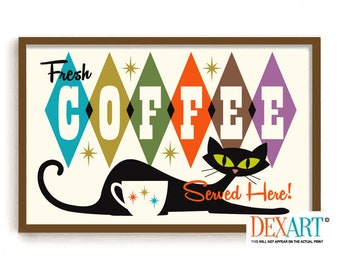May include: A retro-style illustration of a black cat with green eyes, sitting next to a white coffee cup with stars. The text "Fresh COFFEE Served Here!" is displayed in a colorful diamond pattern.