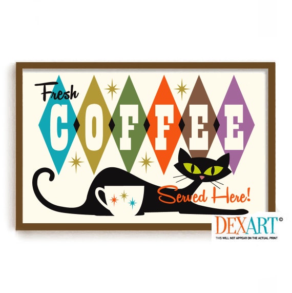 Mid Century Modern Atomic Cat and Coffee Kitchen Art Print, Wall